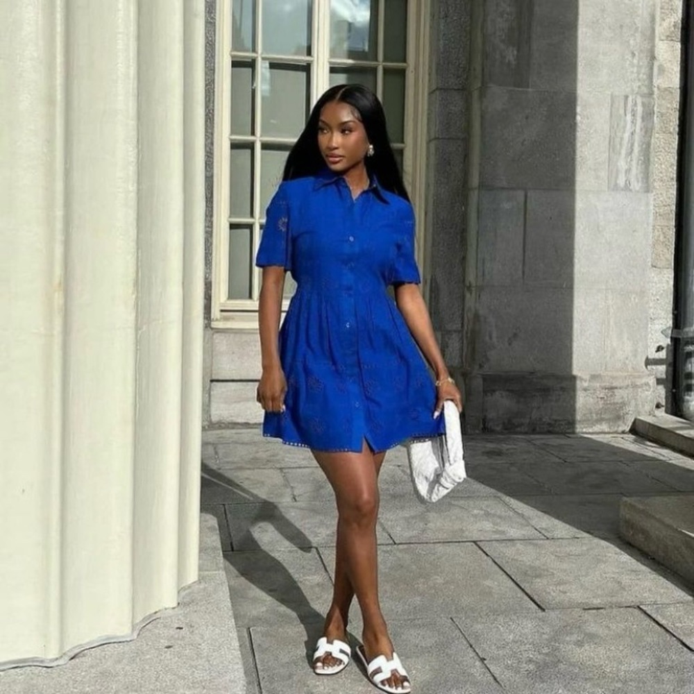 Zara Royal Blue Button-Front Midi Shirt Dress